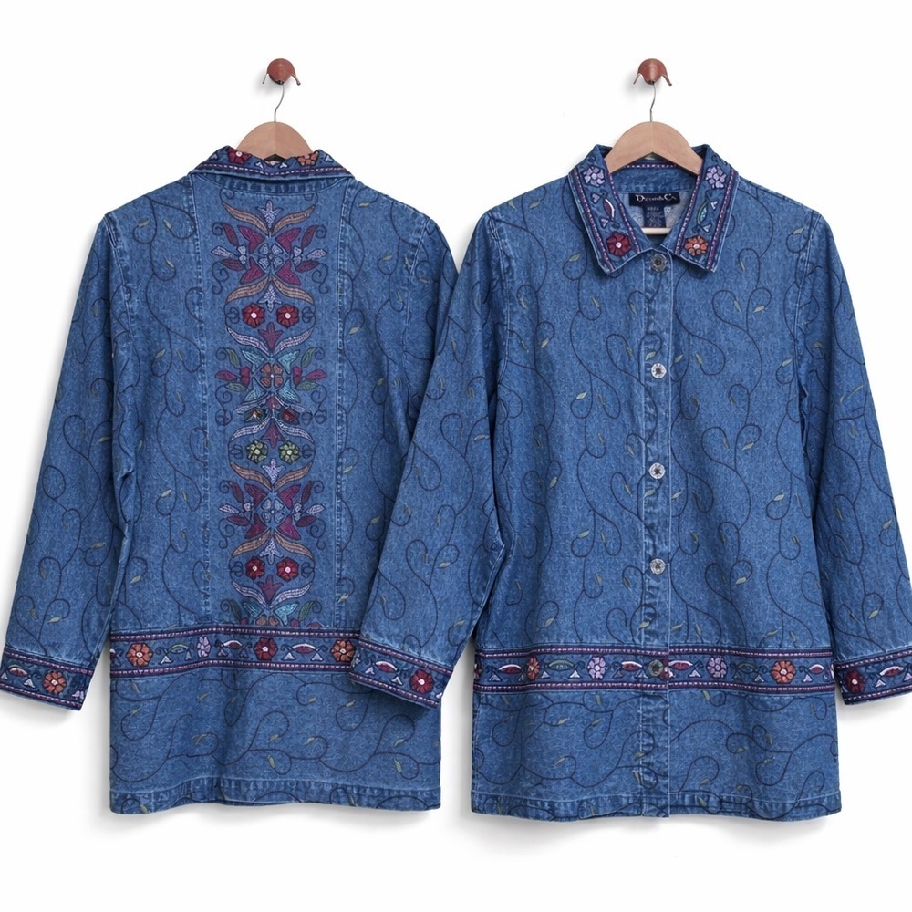 Denim & Co Embroidered Denim Jean Button Down Floral Long Boho Shirt Jacket S